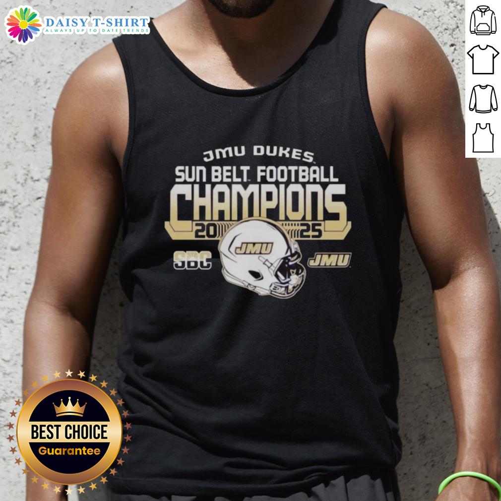 James Madison University Dukes 2025 Sun Belt Football Champions tank top featuring team colors and logo design.