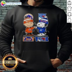 Alt Text: Official New York Mets New York Rangers Snoopy Hoodie featuring vibrant team logos and a playful Snoopy design.