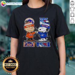 Alt Text: Official New York Mets and New York Rangers Snoopy ladies tee featuring a fun graphic design, perfect for fans.