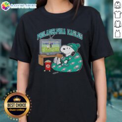 Official Philadelphia Eagles Snoopy cozy game day Peanuts style ladies tee featuring a fun graphic of Snoopy.