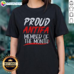Official Proud Antifa Member of the Month Ladies Tee showcasing bold graphics and a stylish fit for activism supporters.