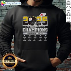 Alt Text: Pittsburgh Steelers hoodie celebrating the 2025 AFC North Division Champions title, featuring bold team colors and logo.