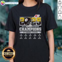 Pittsburgh Steelers Ladies Tee celebrating the 2025 AFC North Division Champions, featuring team colors and logo.