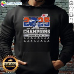 Alt Text: Denver Broncos hoodie celebrating the 2025 AFC West Division Champions, featuring team colors and logo.