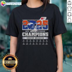Denver Broncos Ladies Tee celebrating the 2025 AFC West Division Champions, featuring vibrant team colors and logo.