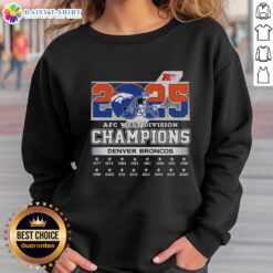 Denver Broncos sweatshirt celebrating the 2025 AFC West Division Champions with team colors and logo.