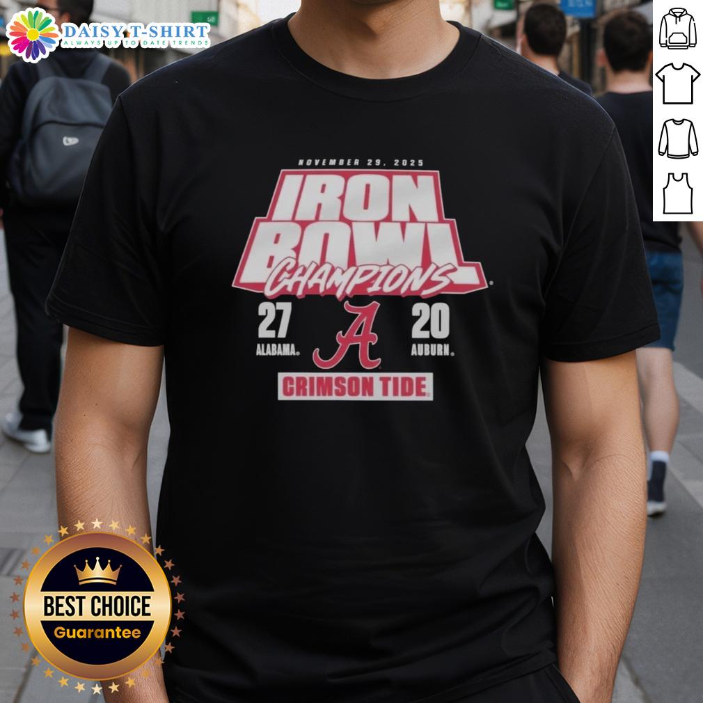 Original Alabama Crimson Tide 27-20 Auburn Tigers Iron Bowl Champions T-Shirt from November 29, 2025