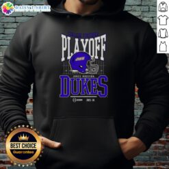 Original James Madison Dukes 2025-2026 College Football Playoff Bound helmet hoodie featuring team colors and logo.
