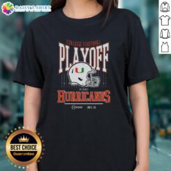 Alt Text: Original Miami Hurricanes 2025-2026 College Football Playoff Bound helmet ladies tee featuring vibrant team colors.