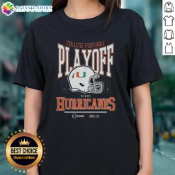 Alt Text: Original Miami Hurricanes College Football Playoff 2025-26 ladies tee featuring vibrant team colors and logo design.
