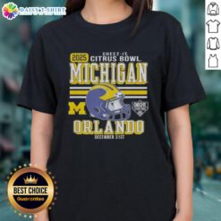 Alt Text: Original Michigan Wolverines Citrus Bowl 2025 Orlando ladies tee featuring team colors and logo, perfect for fans.