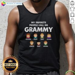 Grammy Allyson wearing a tank top with 'My Favorite People Call Me Grammy' surrounded by Izaak, Sean, Jessica, Connor, Emily, Nathan.