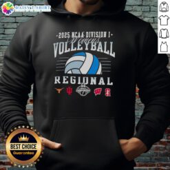 2025 NCAA Division I Women's Volleyball Regional hoodie featuring Longhorns, Hoosiers, Wisconsin, and Stanford logos.