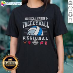 Alt Text: Original NCAA Division I Women's Volleyball Regional 2025 logos for Longhorns, Hoosiers, Wisconsin, and Stanford on a ladies tee.