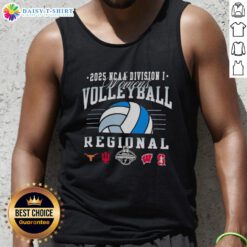 Alt Text: 2025 NCAA Division I Women's Volleyball Regional tank top featuring Longhorns, Hoosiers, Wisconsin, and Stanford logos.