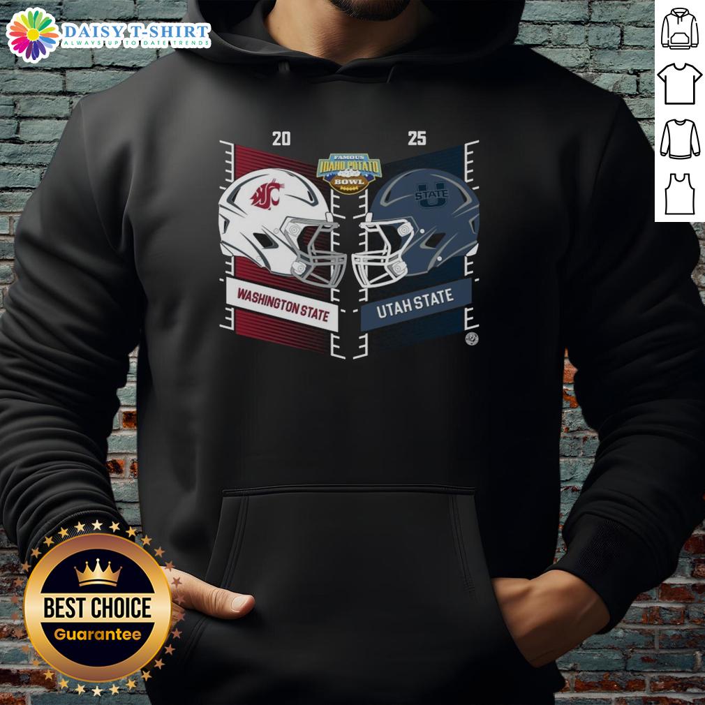 Alt Text: 2025 Famous Idaho Potato Bowl helmet hoodie featuring Washington State Cougars vs Utah State Aggies design.