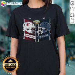Alt Text: 2025 Famous Idaho Potato Bowl: Washington State Cougars vs Utah State Aggies helmet design on ladies tee.