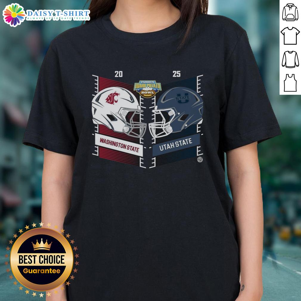 Alt Text: 2025 Famous Idaho Potato Bowl: Washington State Cougars vs Utah State Aggies helmet design on ladies tee.