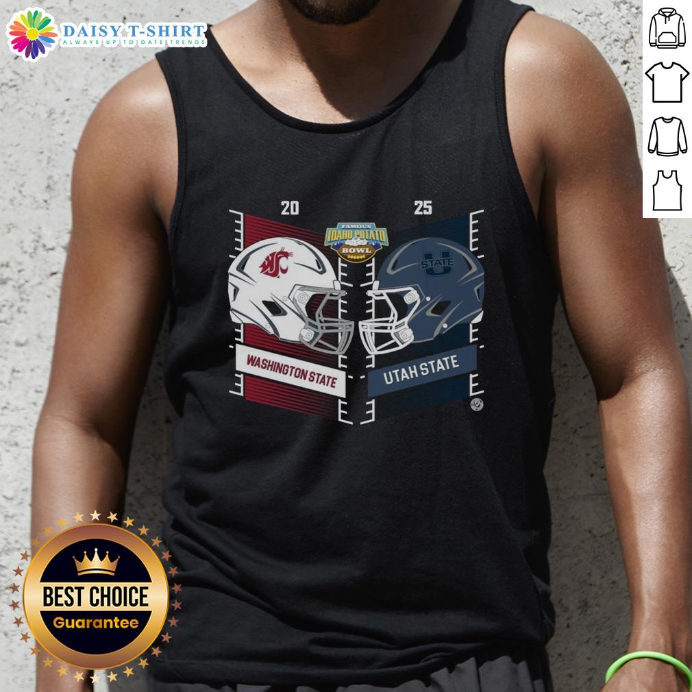 2025 Famous Idaho Potato Bowl tank top featuring Washington State Cougars vs Utah State Aggies helmet designs.