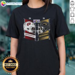 Alt Text: 2025 New Orleans Bowl Ladies Tee featuring Western Kentucky Hilltoppers vs Southern Miss Golden Eagles design.