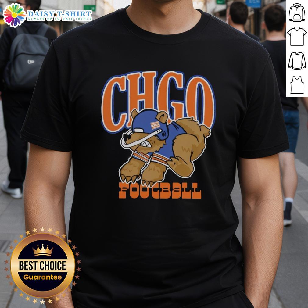 Alt Text: Premium Chicago Bears football cartoon t-shirt featuring a playful bear mascot design in team colors.