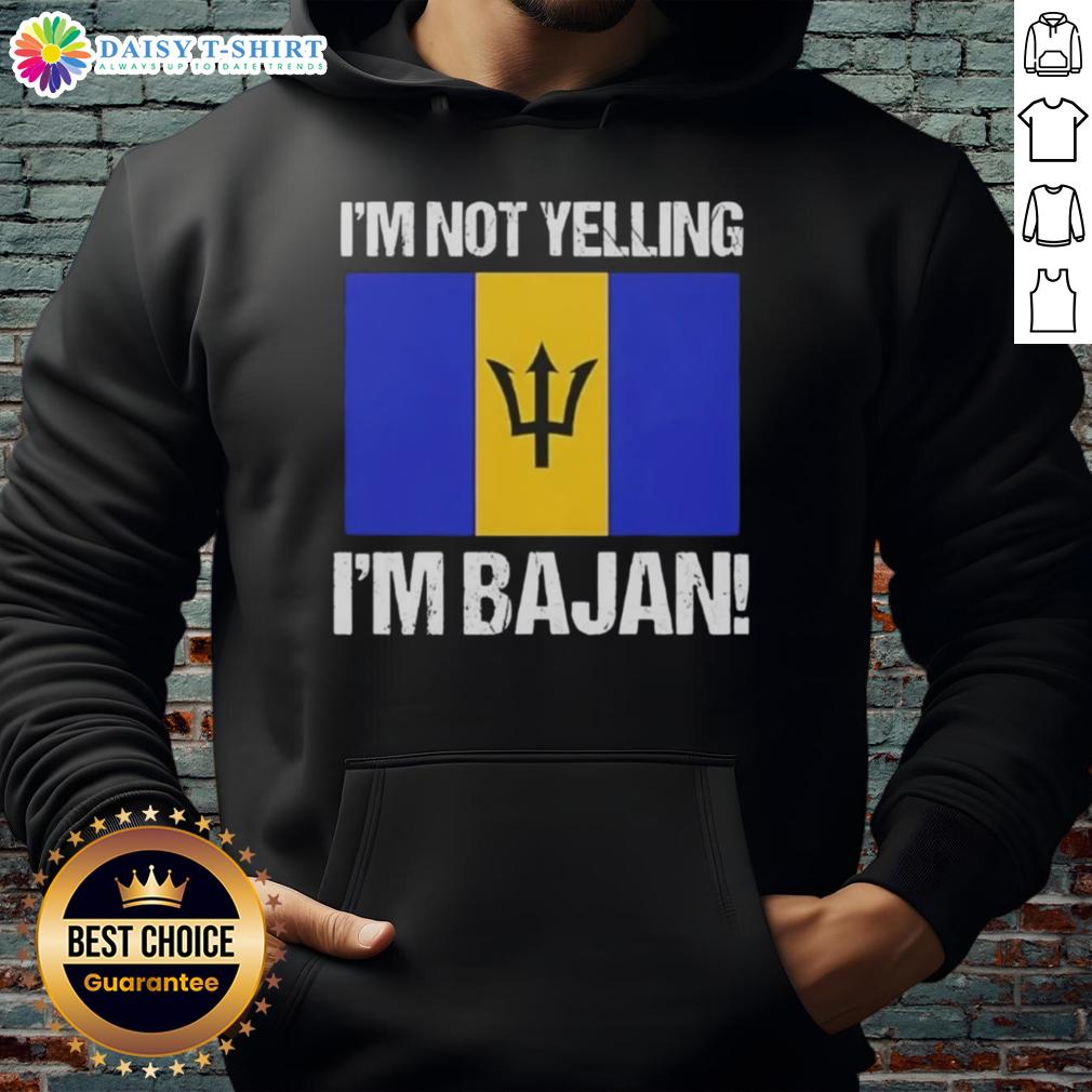Premium 'I'm Not Yelling, I'm Bajan' flag hoodie featuring vibrant Barbados colors and a stylish design.