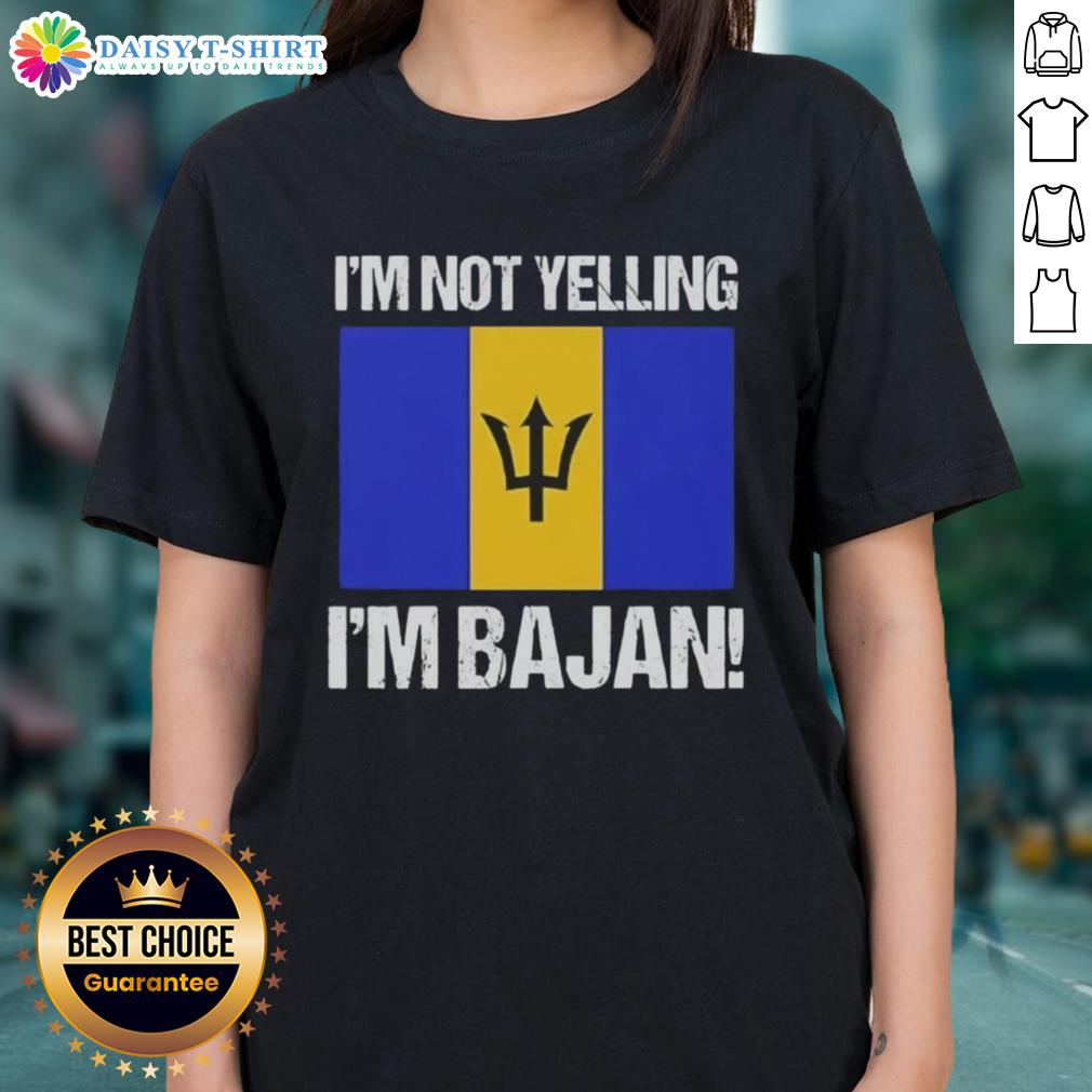 Premium 'I'm Not Yelling, I'm Bajan' Flag Ladies Tee showcasing vibrant Barbados flag design for proud Bajans.