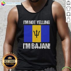 Premium 'I'm Not Yelling, I'm Bajan' flag tank top featuring vibrant Barbados colors and design for summer wear.