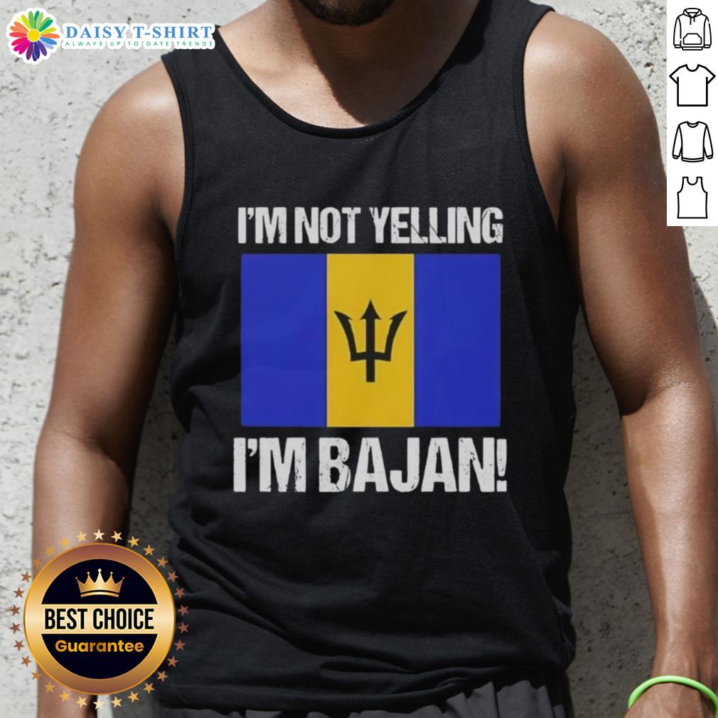 Premium 'I'm Not Yelling, I'm Bajan' flag tank top featuring vibrant Barbados colors and design for summer wear.
