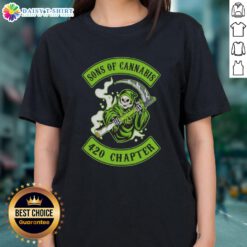 Premium Skull Son of Cannabis 420 Chapter Grim Reaper Logo Ladies Tee, stylish and edgy design for cannabis enthusiasts.