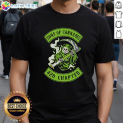 Alt Text: Premium Skull Son Of Cannabis 420 Chapter Grim Reaper Logo T-Shirt featuring a unique skull design and bold graphics.