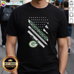 Alt Text: Pretty Green Bay Packers Football X Teacher American Flag T-Shirt featuring a vibrant design for sports fans and educators.