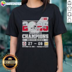 Ohio State Buckeyes champions celebrate at Michigan Stadium in a stylish ladies tee after winning The Game.