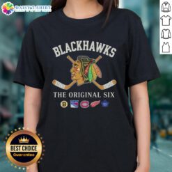 Top Chicago Blackhawks The Original Six Combined Ladies Tee featuring team logo and stylish design for female fans.