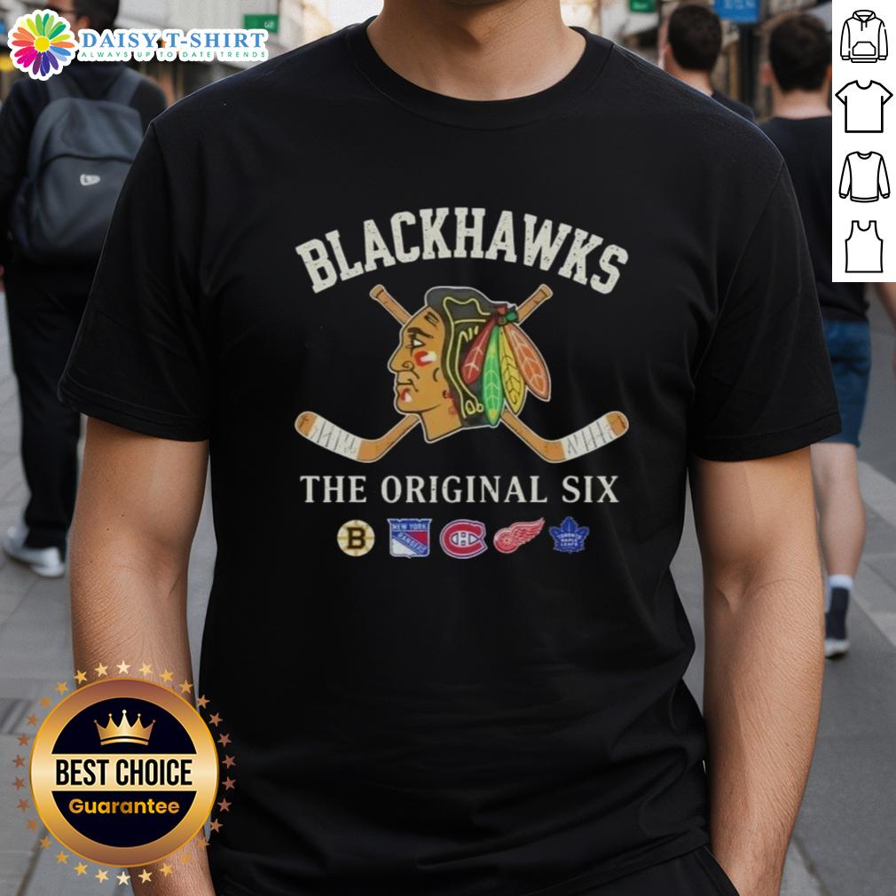Top Chicago Blackhawks The Original Six Combined T-Shirt featuring iconic team logos in vibrant colors and stylish design.