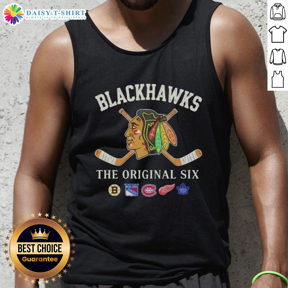 Top Chicago Blackhawks Original Six combined tank top featuring team logos and vibrant colors for hockey fans.