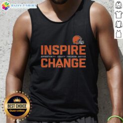 Model wearing a Cleveland Browns tank top promoting change, equity, and justice in football and community.