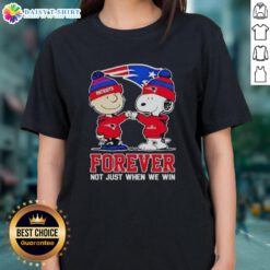 Alt Text: Top New England Patriots Charlie Brown and Snoopy Forever tee for ladies, celebrating team spirit beyond just victories.