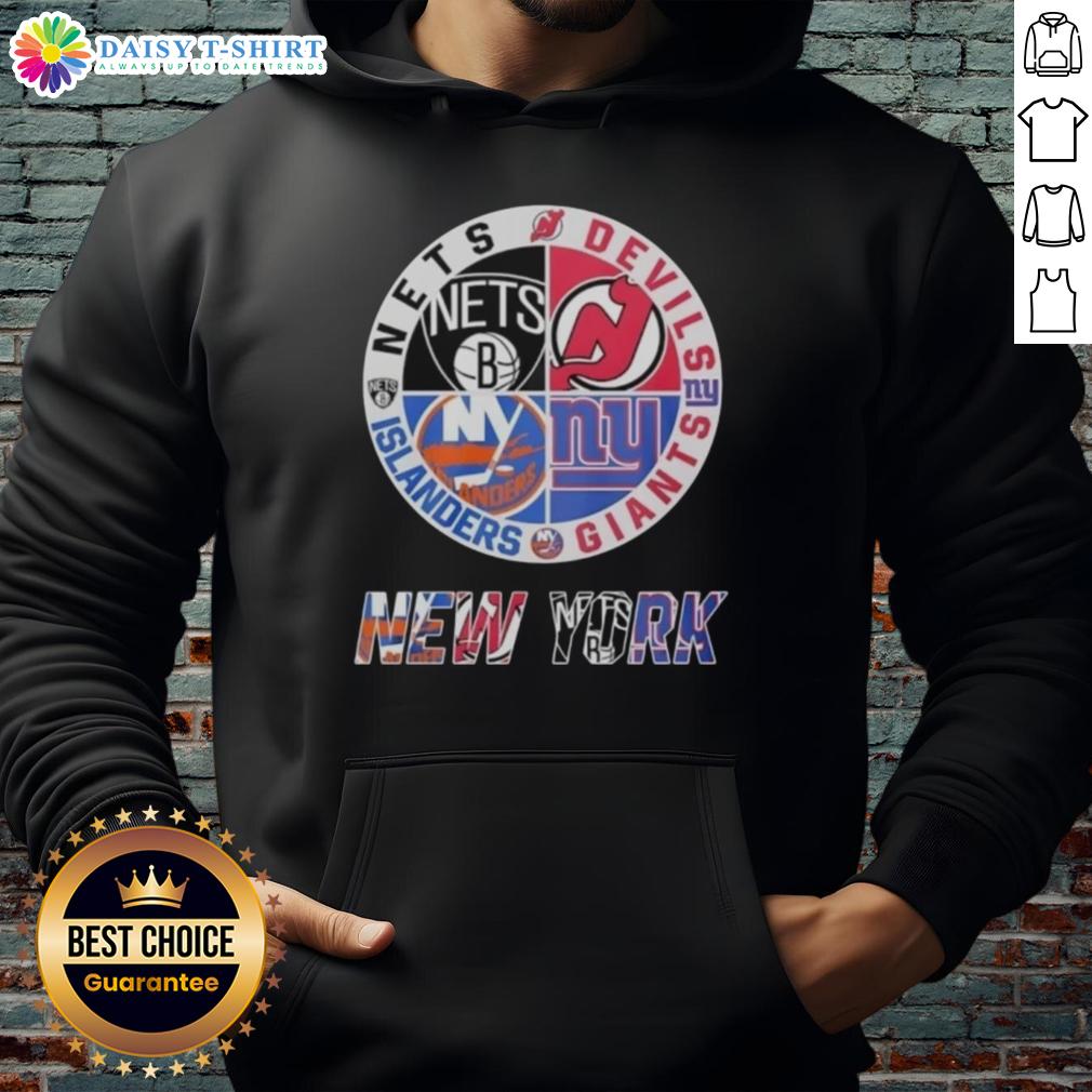 Alt Text: Top New Jersey Devils Brooklyn Nets New York Islanders mashup logo hoodie design showcasing team logos.