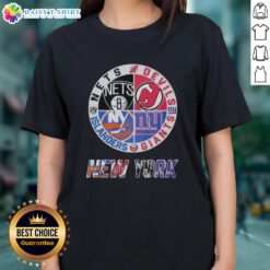 Top New Jersey Devils Brooklyn Nets New York Islanders mashup logo on a ladies tee, perfect for sports fans.