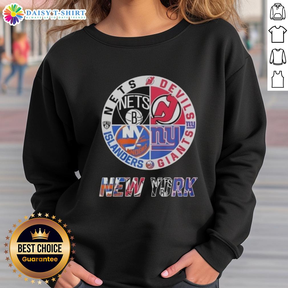 Alt Text: Top New Jersey Devils Brooklyn Nets New York Islanders mashup logo sweatshirt for sports fans and apparel collectors.