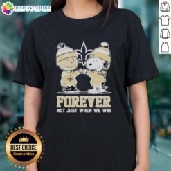 New Orleans Saints Charlie Brown and Snoopy Forever tee for ladies, showcasing team spirit and playful design.