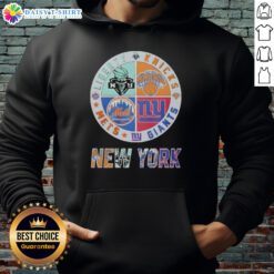 Alt Text: Mashup logo hoodie featuring New York Giants, Mets, Knicks, and Liberty - perfect for NYC sports fans.
