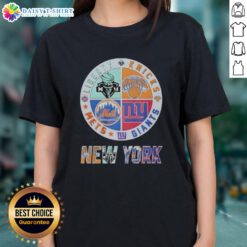 Top New York Giants, Mets, Knicks, and Liberty mashup logo on a ladies tee, showcasing NYC sports team pride.