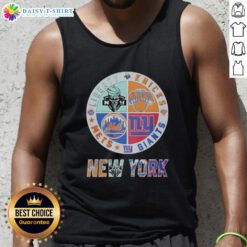 Alt Text: Top New York Giants, Mets, Knicks, and Liberty mashup logo tank top for sports fans in New York.