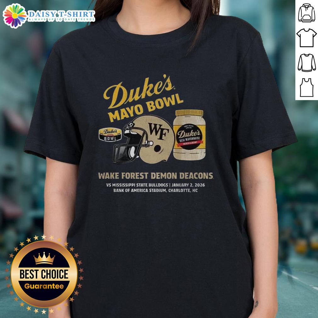 Top Wake Forest Demon Deacons 2026 Dukes Mayo Bowl ladies tee featuring team colors and logo for fans.