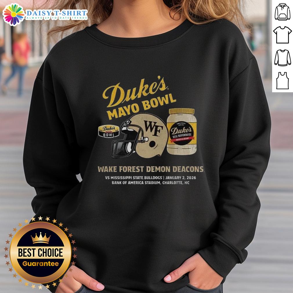 Alt Text: Top Wake Forest Demon Deacons 2026 Dukes Mayo Bowl sweatshirt featuring team logo and vibrant colors.