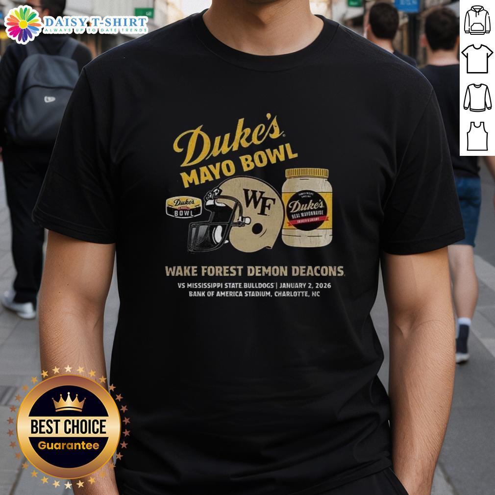 Top Wake Forest Demon Deacons 2026 Duke's Mayo Bowl T-Shirt featuring team colors and logo, perfect for fans.