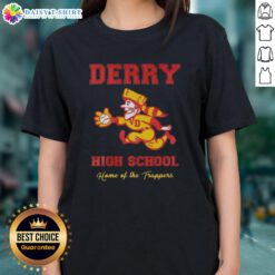 Alt Text: Awesome Derry High School Home of the Trappers ladies tee featuring school colors and logo, perfect for proud students.