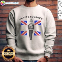 Alt Text: Awesome Eric Bristow Crafty Cockney British Flag Sweatshirt featuring vibrant colors and unique design for fans.
